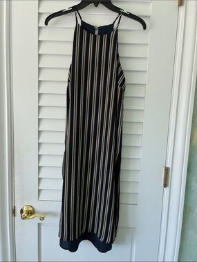 FUN-SEXY-DATE NIGHT Lush Brand-Navy Midi SHEATH Dress with Cream Stripes Sz S